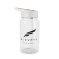 ELEVRYX clear reusable water bottle with white straw lid and black logo on a white background