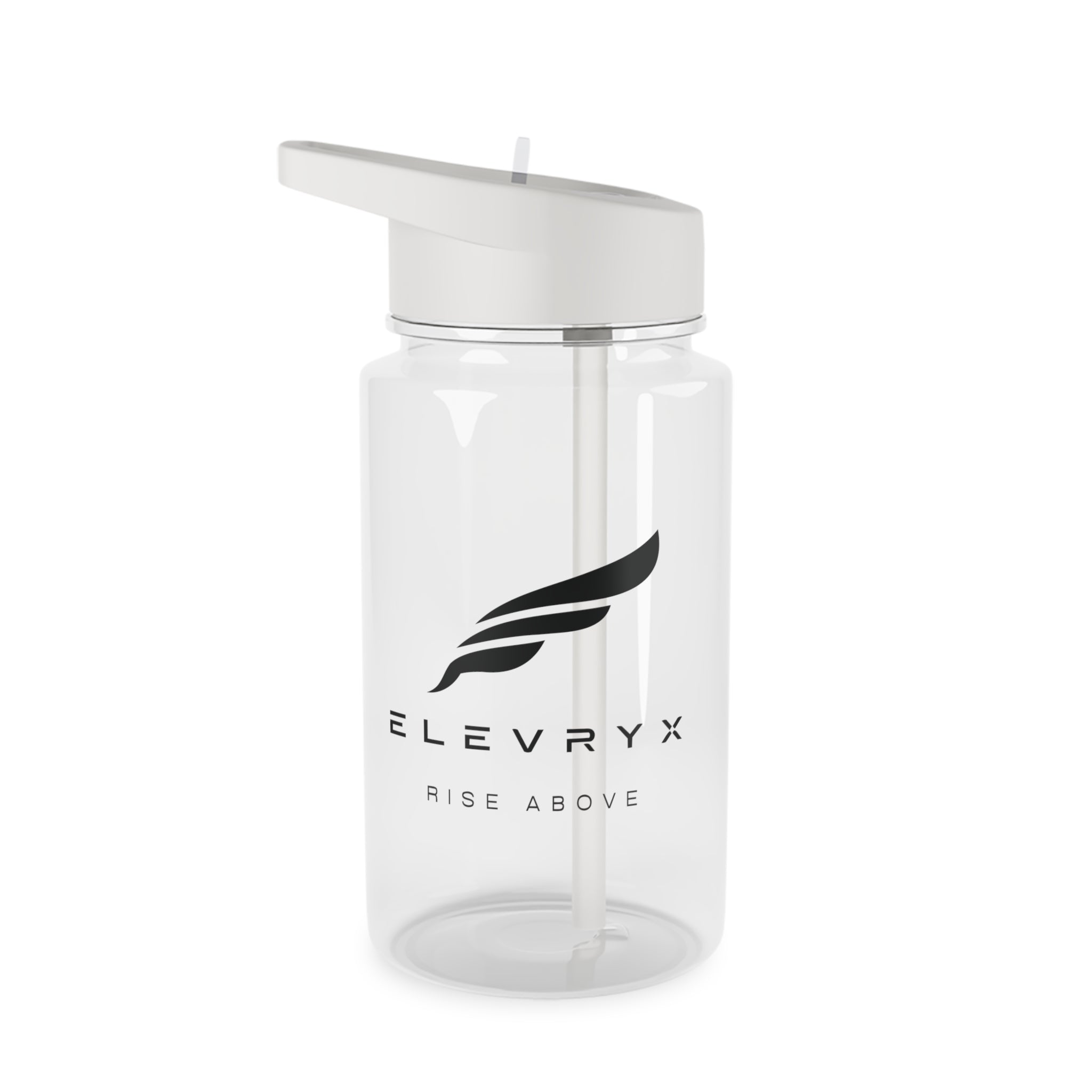 ELEVRYX clear reusable water bottle with white straw lid and black logo on a white background
